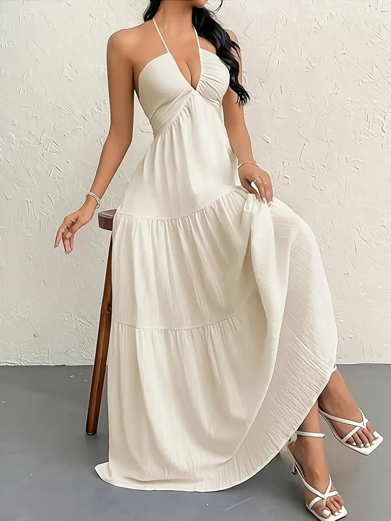 Mia Mare V Model İnce Askılı Sırt Detaylı Maxi Elbise