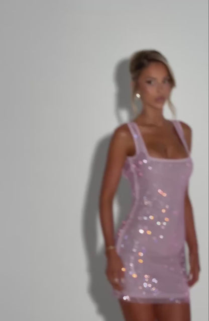 Lumi Payetli Askılı Mini Elbise Pembe